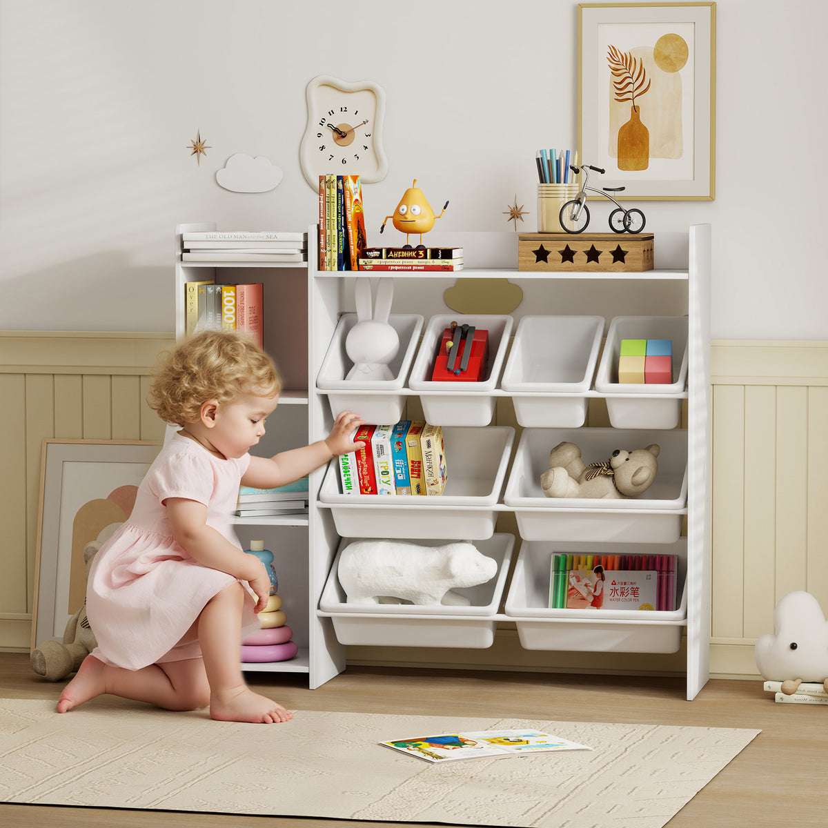 Meuble rangement enfant 3 à 8 ans, rangement jouets enfant avec 8 bacs amovibles, étagères de rangement, placard, blanc-1