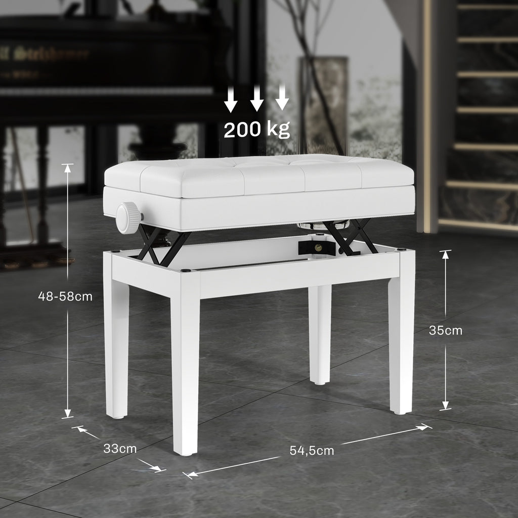 Banc de piano, banc de clavier réglable en hauteur en bois massif, compartiment de rangement, 55 x 33 x 48-58 cm blanc-2