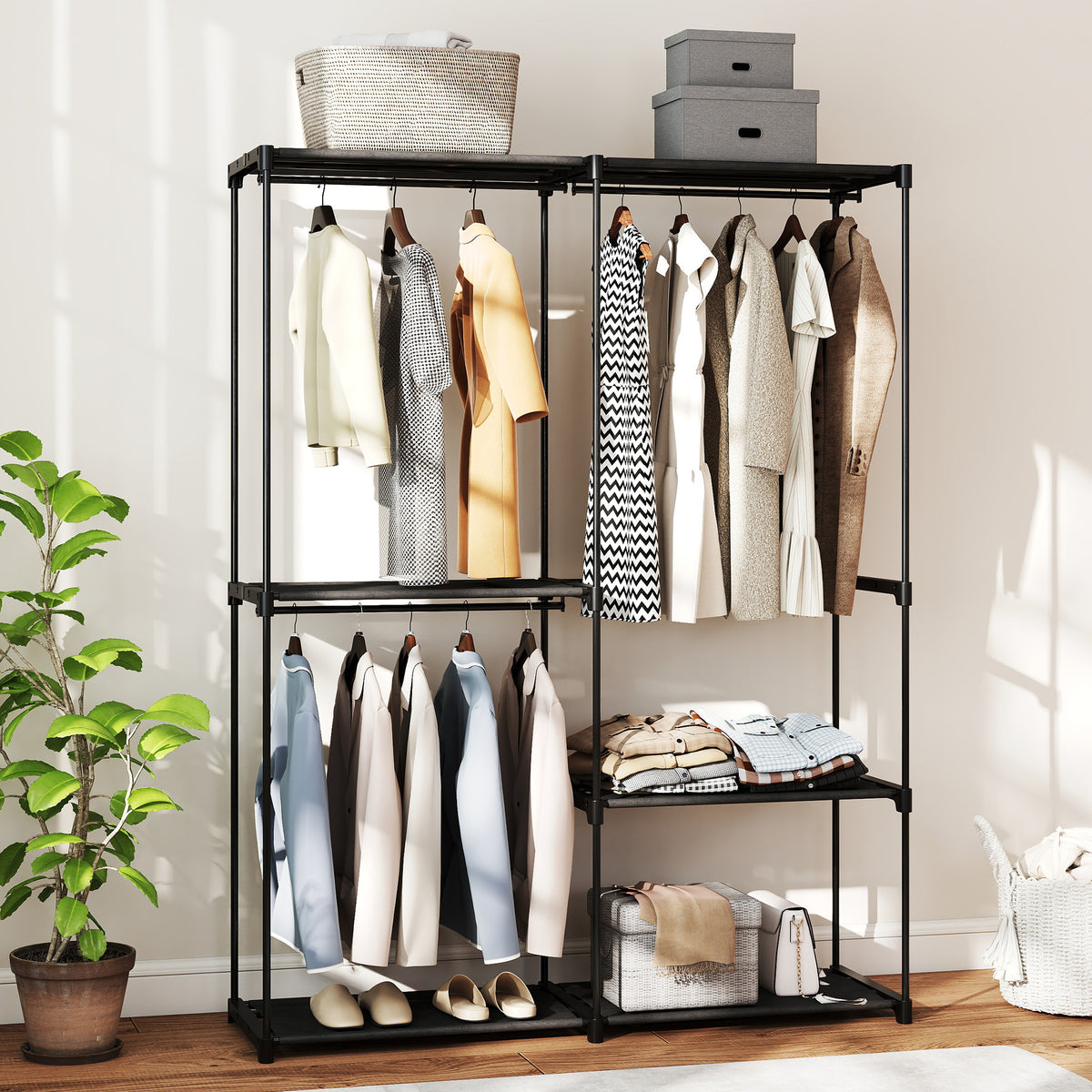 Armoire de rangement, penderie portable avec 3 barres de suspension et 4 étagères, 142 x 43 x 185 cm, noir-1