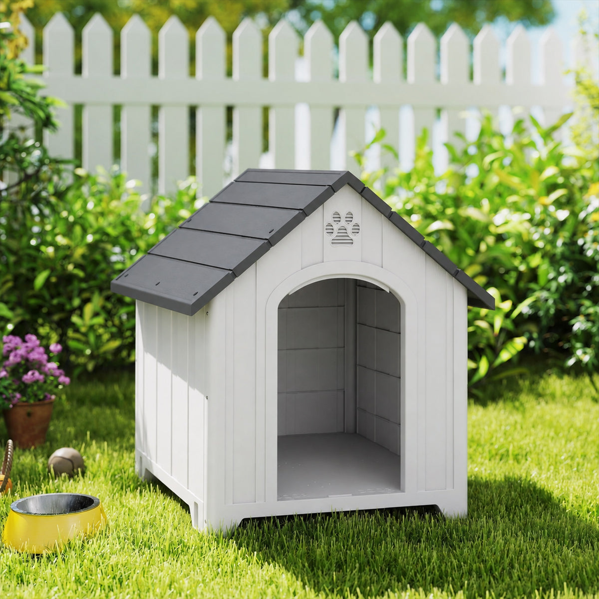 Niche pour chien extérieur, maison chien en polypropylène imperméable ventilé plancher surélevé 76x66x77cm gris clair-1