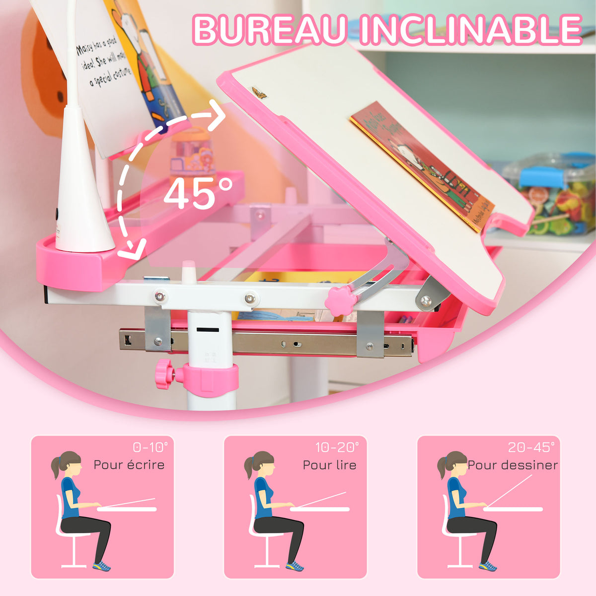 Ensemble chaise et bureau pour enfants avec lampe LED hauteur réglable plateau incliné support de lecture rose-6
