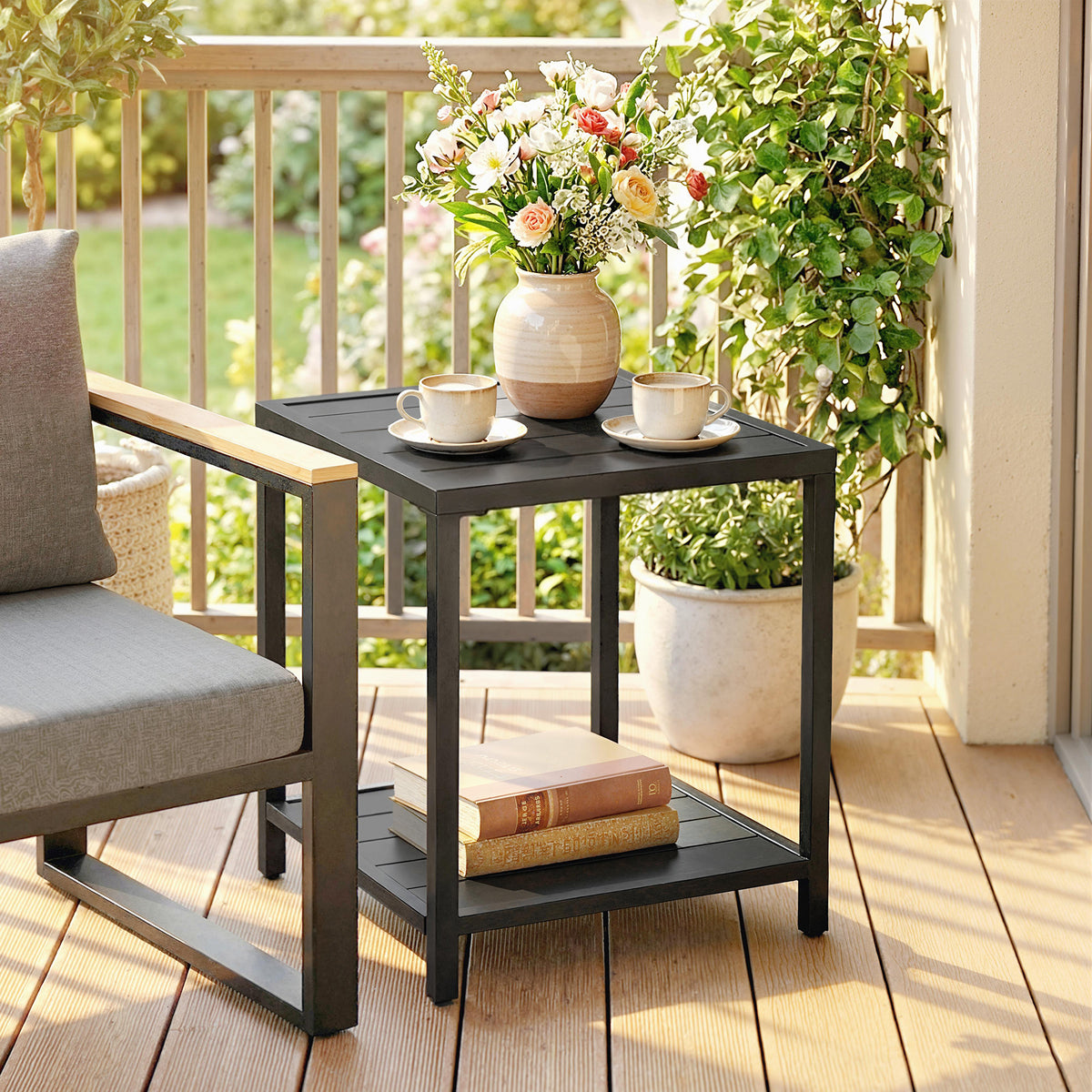 Table basse extérieure à 2 niveaux en métal, table de jardin carrée avec étagère de rangement, 45 x 45 x 54 cm, noir-1