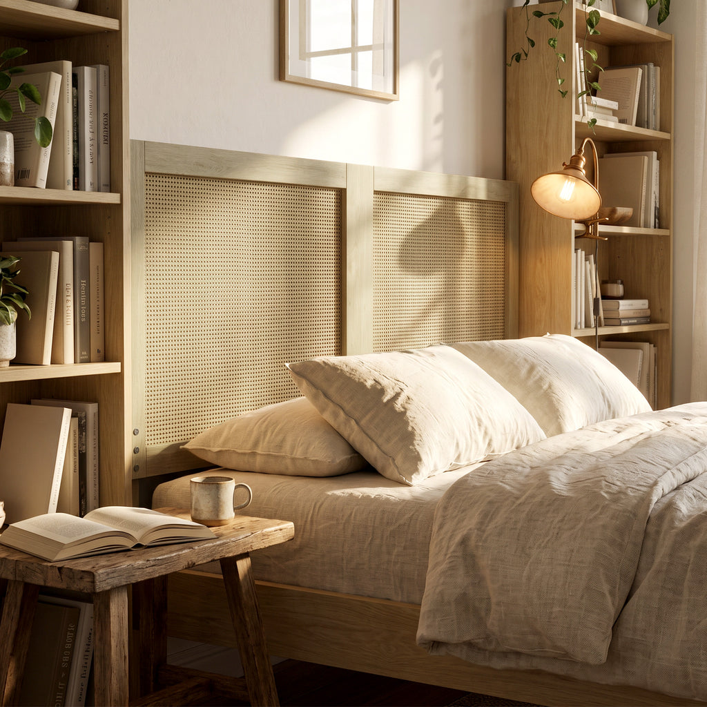 Tête de Lit en Bois à Effet Rotin, Design Bohème, pour Chambre à Coucher, 140 x 4 x 87 cm, Chêne-9