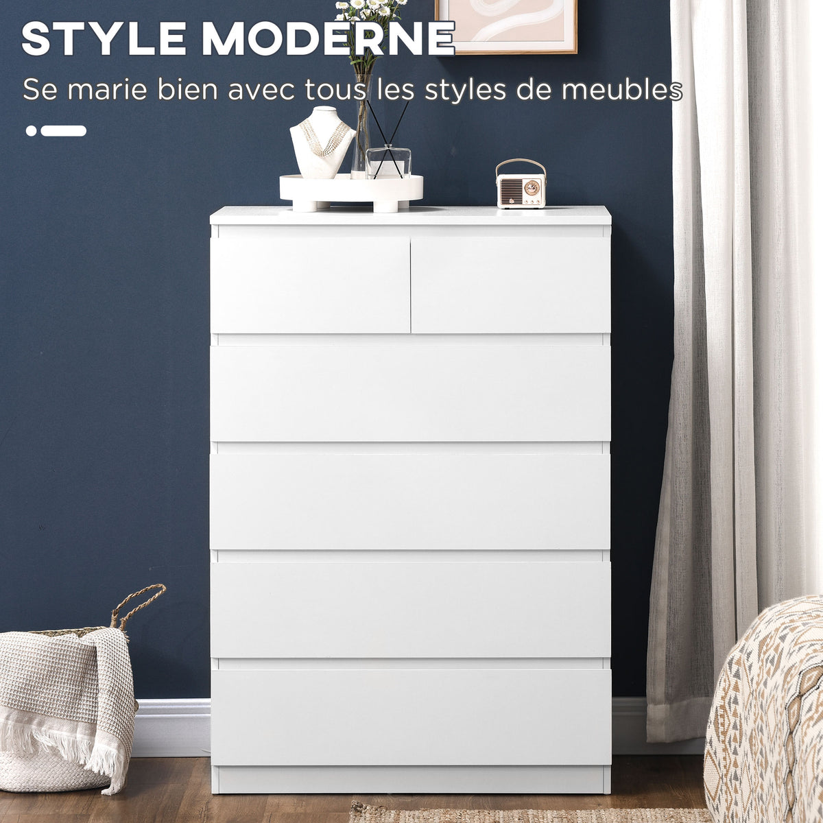Commode 6 tiroirs meuble de rangement sans poignées design minimaliste 80 x 39 x 115 cm blanc-3