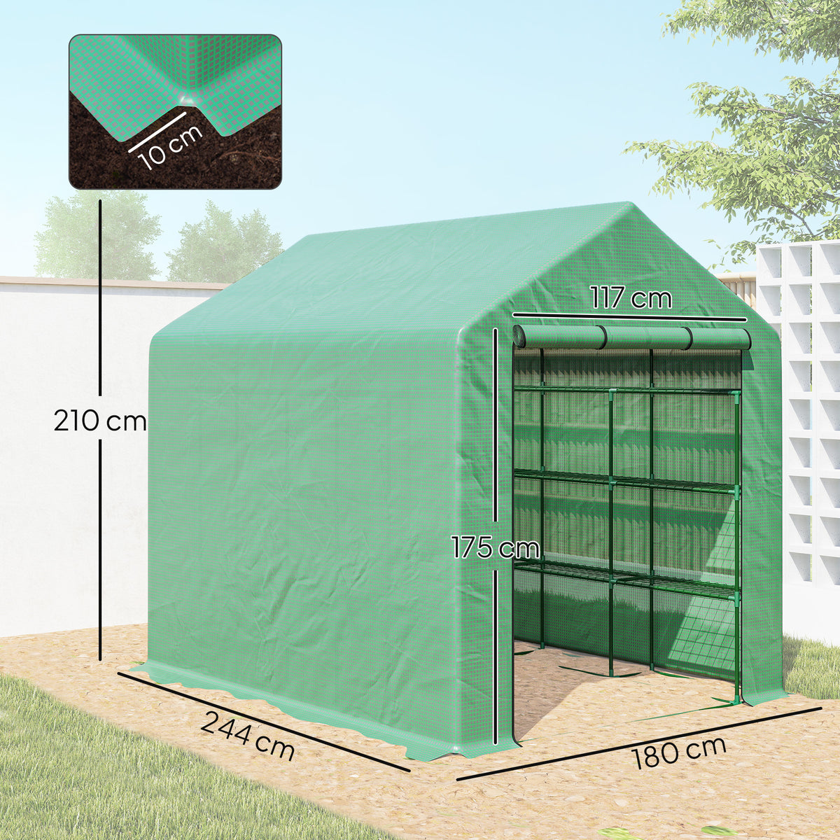 Serre de jardin serre d'hivernage avec étagères 3 niveaux porte enroulable tube en acier 244 x 180 x 210 cm vert-2