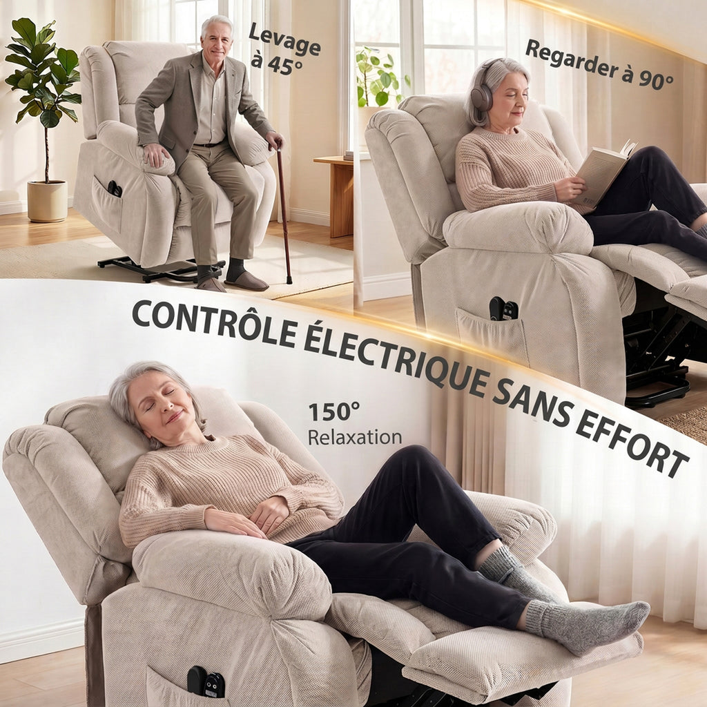 Fauteuil Releveur Électrique, Massage et Chauffage, Repose-Pieds, Dossier Inclinable, Télécommande, 93x104x100cm, Beige-4