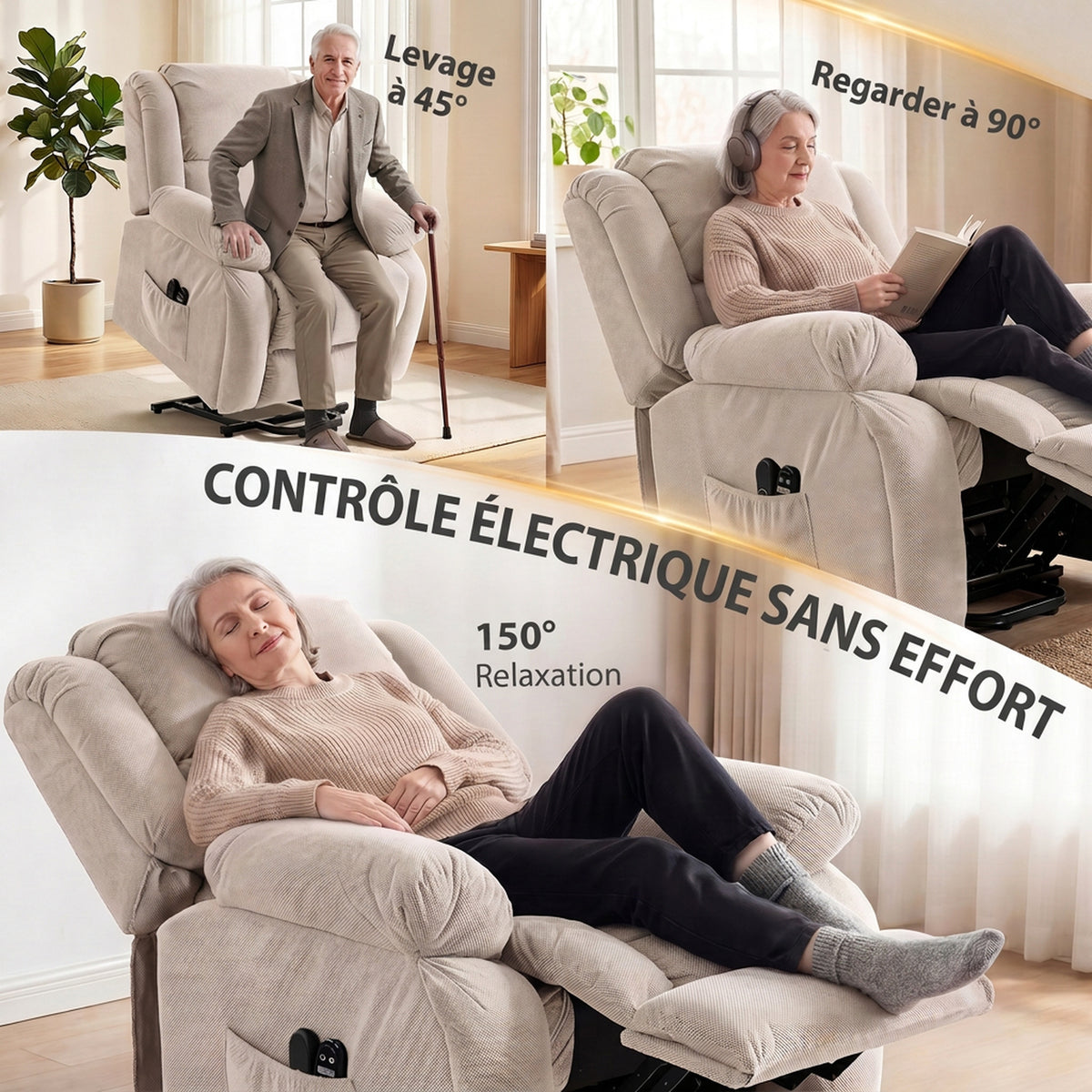 Fauteuil Releveur Électrique, Massage et Chauffage, Repose-Pieds, Dossier Inclinable, Télécommande, 93x104x100cm, Beige-4