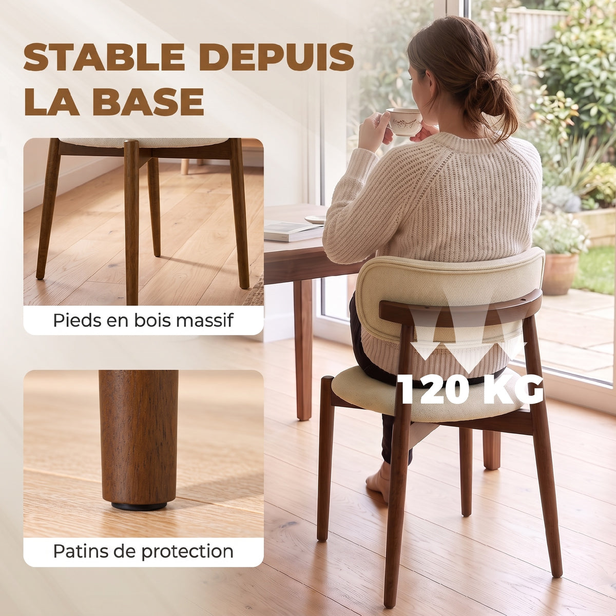 Lot de 2 Chaises Salle à Manger, Chaises de Cuisine en Chenille avec Dossier Incurvé, Assise Rembourrée, Beige-4