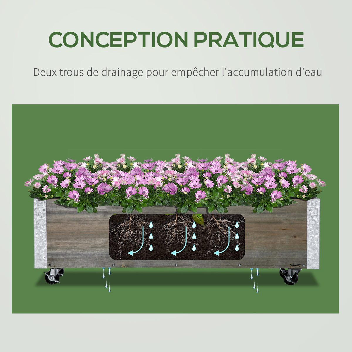 Jardinière sur roulettes - jardinière rectangulaire - Inserts d'irrigation, Feutre de Drainage gris-3