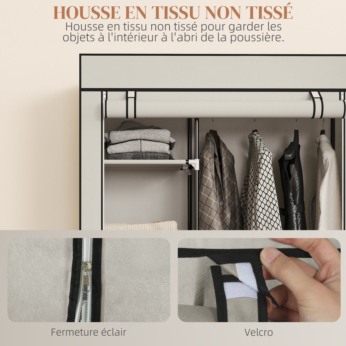 Armoire penderie en tissu meuble de rangement 6 roulettes tringle à vêtements et étagères ouvertes 103x43x162,5cm crème-4