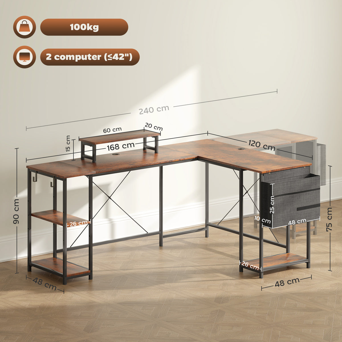 Bureau d'angle réversible, 168-240 cm, bureau d'ordinateur avec étagère réglable, support d'écran, brun rustique-2