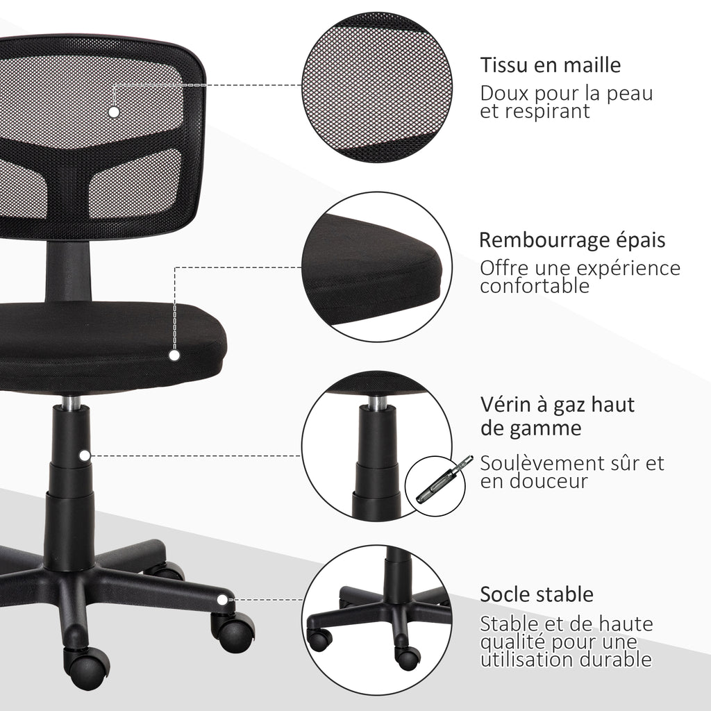 Chaise de bureau sans accoudoirs, fauteuil de bureau en maille, hauteur réglable, assise rembourré, pivotant 360°, noir-6