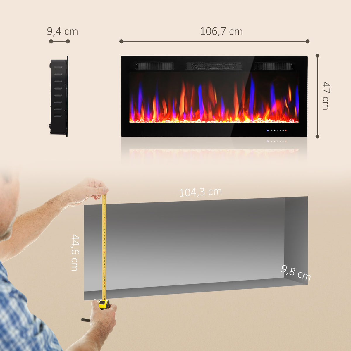 Cheminée électrique mural ou encastrable 900W/1800W, effet flamme à 12 couleurs 5 luminosités, 106,7x9,4x47cm, noir-2