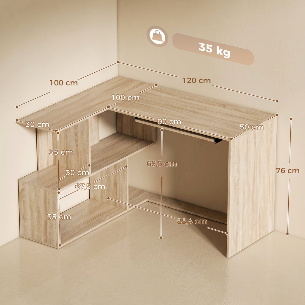 Bureau d'Angle, 120 x 100 x 76 cm, Bureau Informatique en L avec Plateau de Clavier, 4 Compartiments Ouverts, Naturel-2