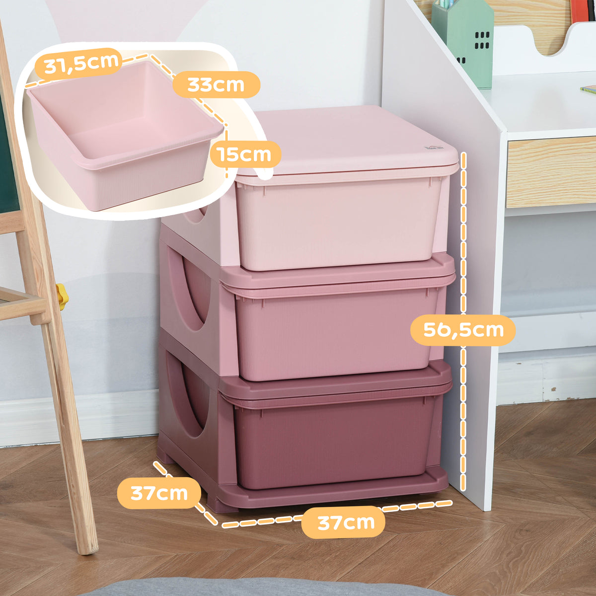 Organisateur de jouets pour enfants avec tiroirs à 3 niveaux, boîtes de rangement en plastique, 37 x 37 x 56,5 cm, rose-2