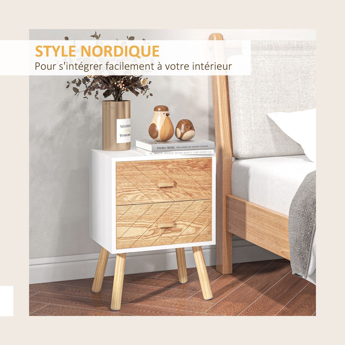 Chevet Table de Nuit Design scandinave 40L x 30l x 56H cm tiroirs Bois Massif pin MDF Blanc et hêtre Motif Graphique-3