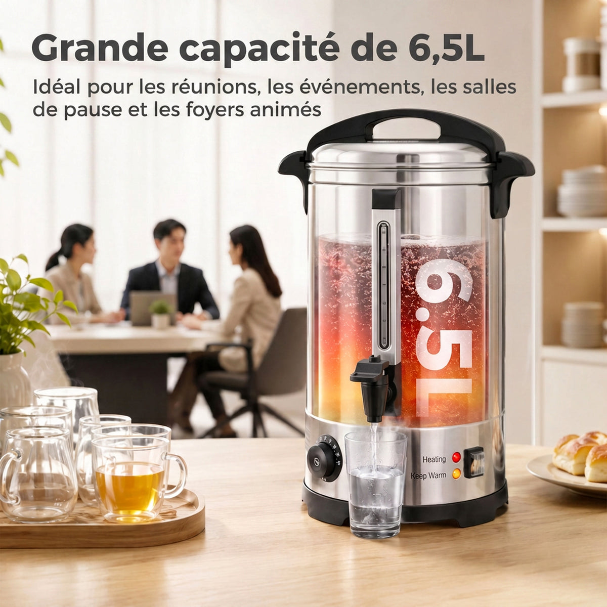 Distributeur d'Eau Chaude en Inox 8L 1500 W, 9 Niveaux de Température 30-110 °C, Maintien au Chaud, Robinet, Argenté-3