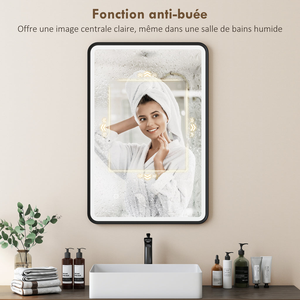 Miroir salle de bain avec éclairage 90 x 60 cm, miroir LED mural, anti-buée, 3 couleurs lumière, dimmable, noir-5
