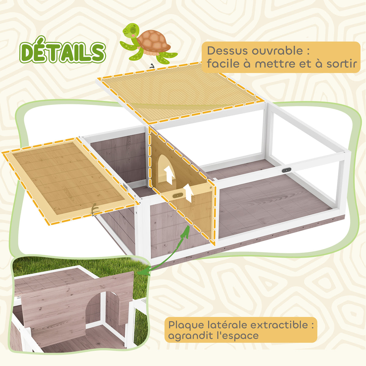 Maison enclos cage habitat pour petit animal tortues avec 2 espaces 91 x 60,5 x 32 cm bois massif marron clair-4