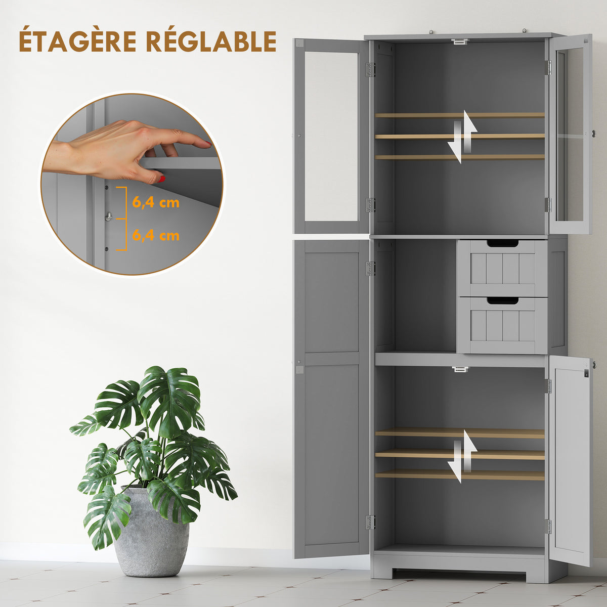 Meuble de salle de bain haut, meuble de rangement avec 4 portes dont 2 vitrées, 2 tiroirs et étagères réglables, gris-4