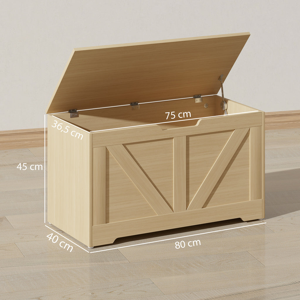 Coffre de rangement, banc de rangement avec couvercle rabattable et charnières de sécurité, 80 x 40 x 45 cm, bois naturel-2