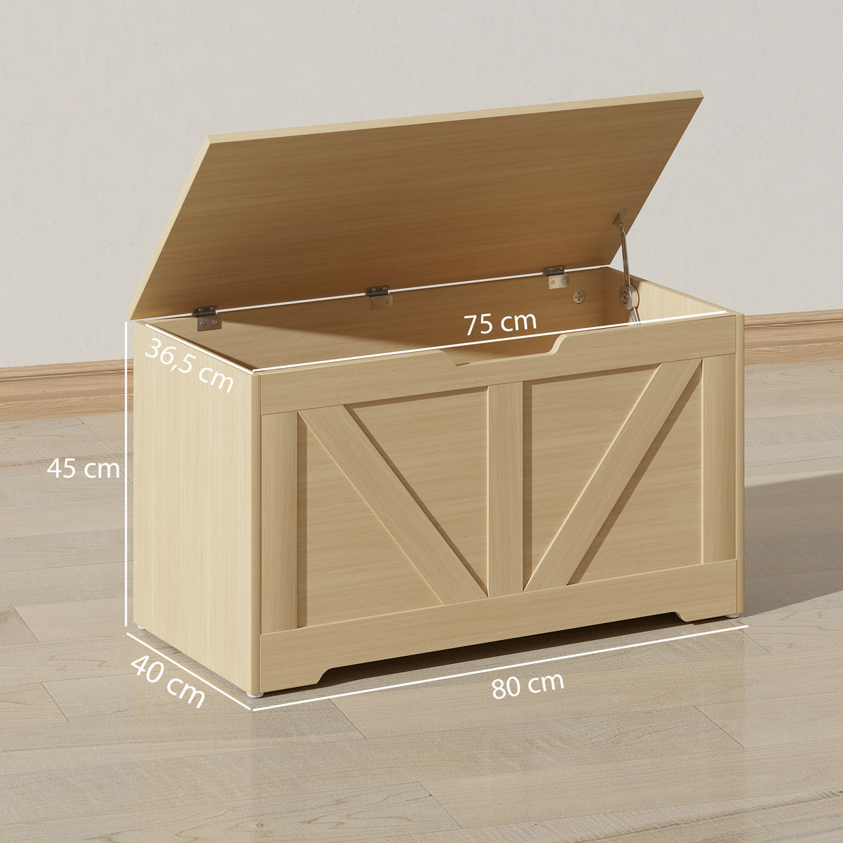 Coffre de rangement, banc de rangement avec couvercle rabattable et charnières de sécurité, 80 x 40 x 45 cm, bois naturel-2