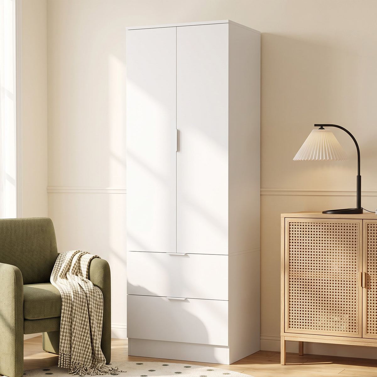 Armoire Chambre Penderie avec 2 Tiroirs, 2 Portes à Fermeture Douce et Barre de Suspension, 60 x 47 x 180 cm, Blanc-7