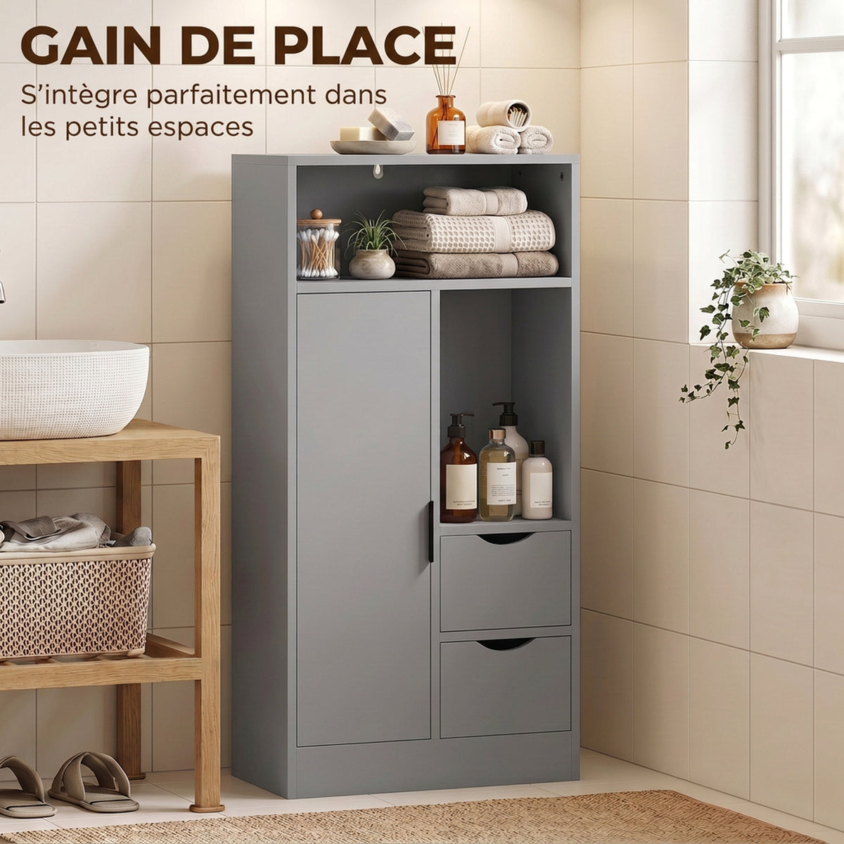Meuble de salle de bain, meuble de rangement étroit avec 2 tiroirs, compartiments ouverts, 50x25x100cm, gris-5