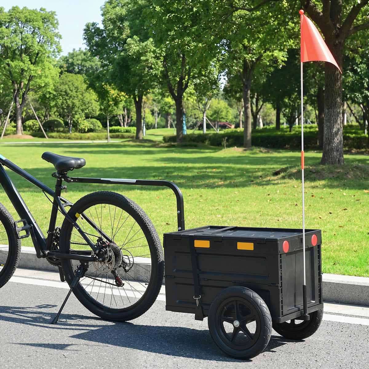 Remorque Vélo Cargo Chariot de Transport Pliable Caisse Plastique 65L Couvercle Dégagement Rapide 145x51,5x72cm Noir-1