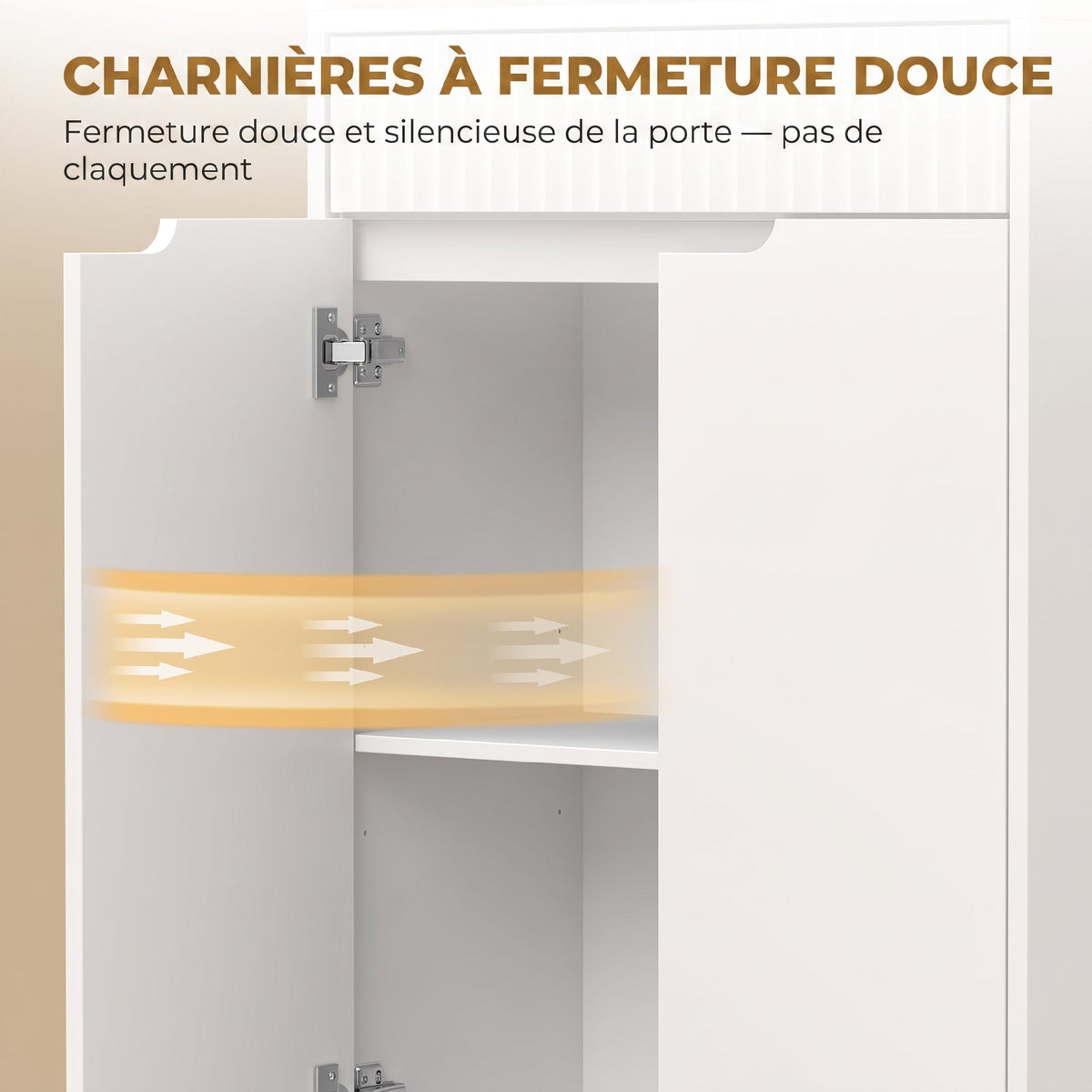 Meuble de salle de bain haut, 2 portes à fermeture douce, tiroir, 3 compartiments ouverts et étagères réglables, blanc-6
