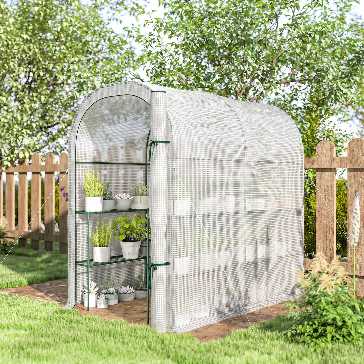 Serre de jardin avec étagères, 123x187x189cm, petite serre avec porte enroulable, bâche PE haute densité 140 g/m², blanc-7