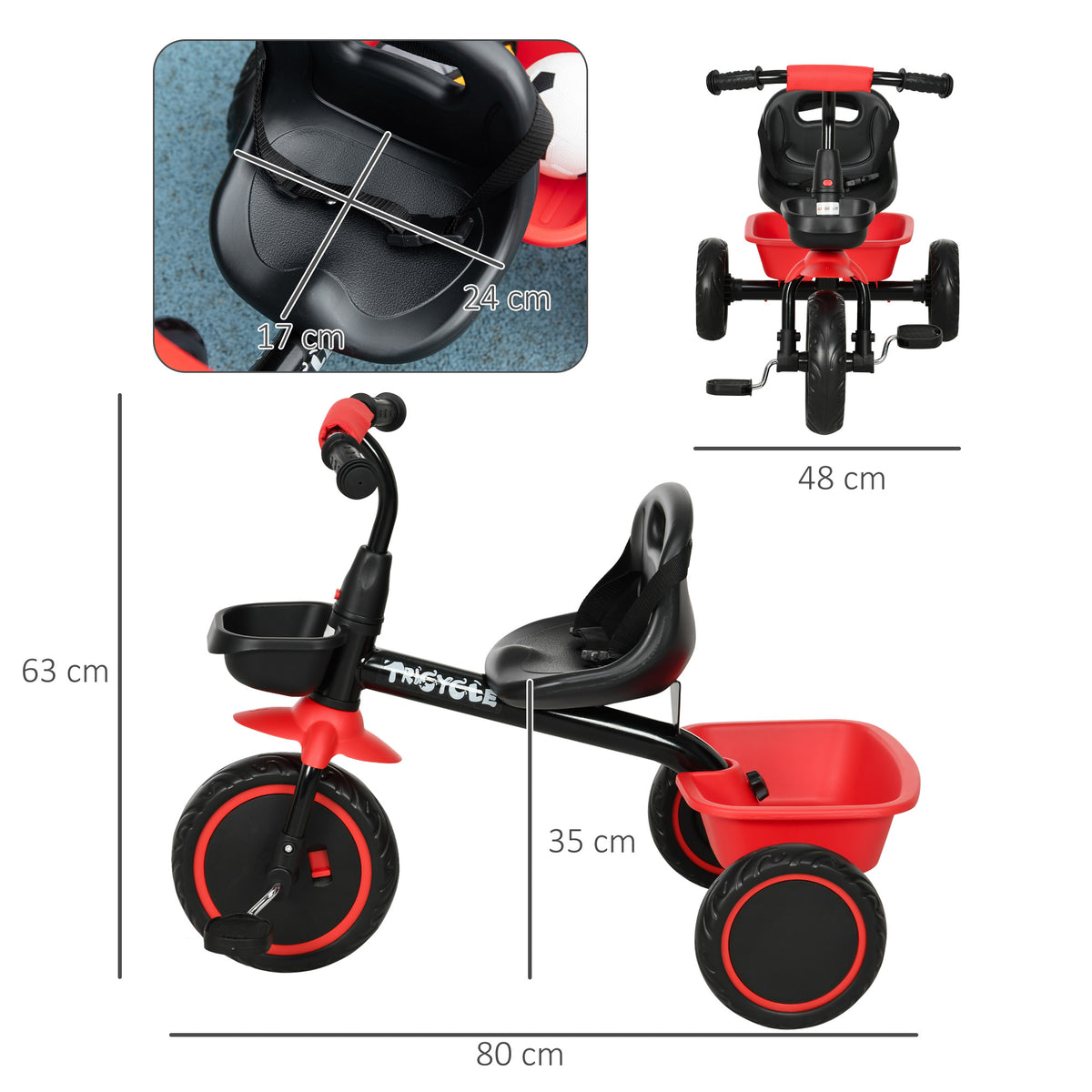 Tricycle pour enfant évolutif avec siège réglable pédales 2 paniers ceinture pour enfant de 2 à 5 ans rouge et noir-2