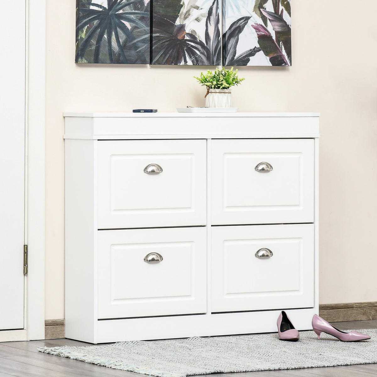 Armoire à Chaussures Meuble à Chaussures Rangement dim. 98L x 24l x 83H cm 4 Portes abattantes Double Niveau MDF Blanc-1