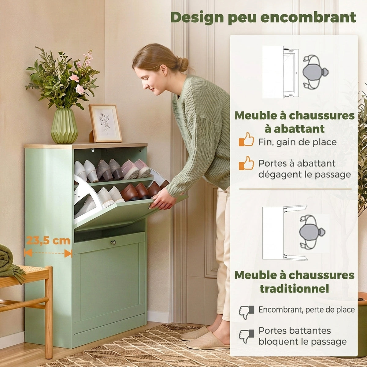 Meuble à Chaussures 12 Paires, Armoire à Chaussures Étroite avec 2 Tiroirs, Étagères Réglables, 60 x 23,5 x 80 cm, Vert-4