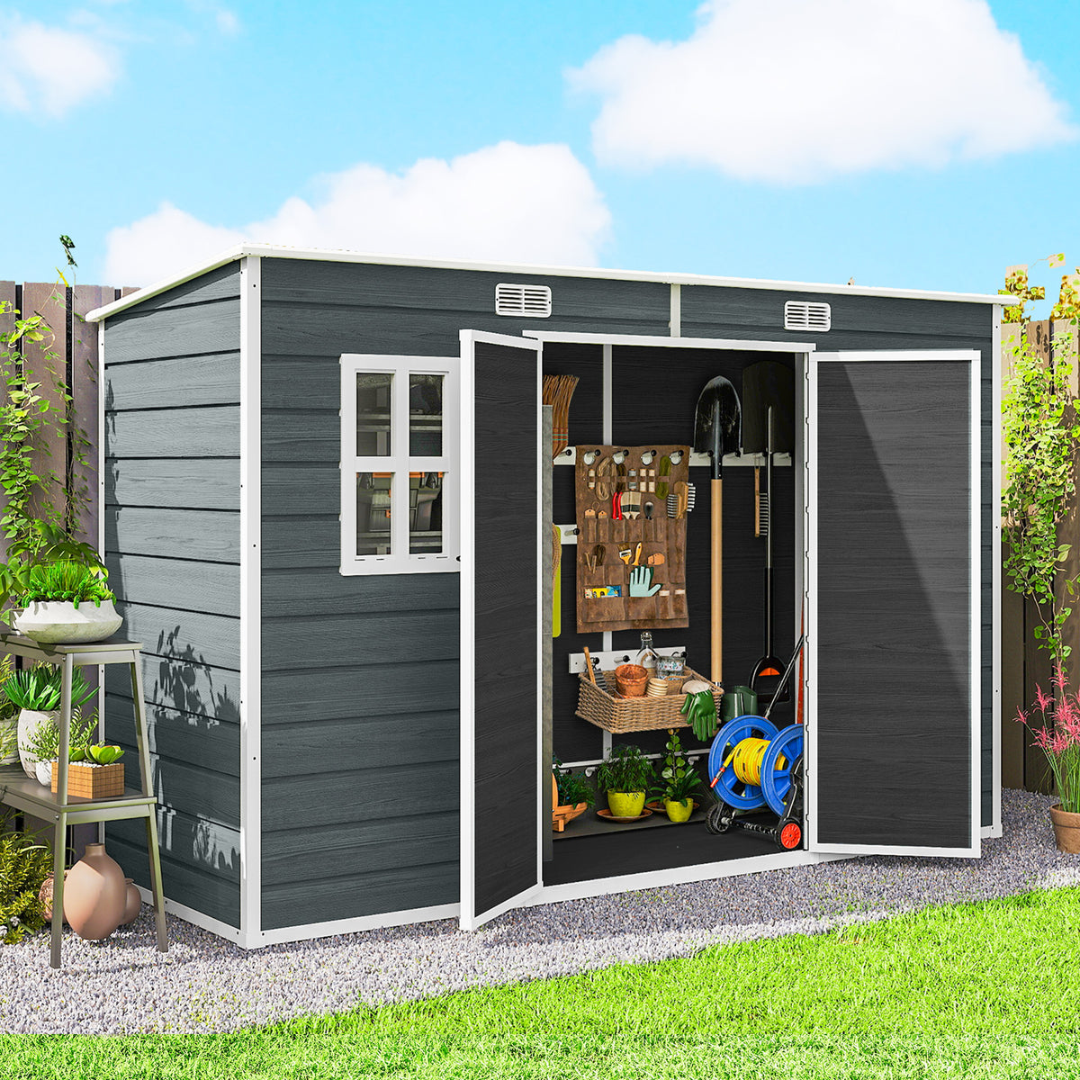 Abri de jardin en plastique, avec plancher, 303 x 123 x 197 cm, effet bois gris-1