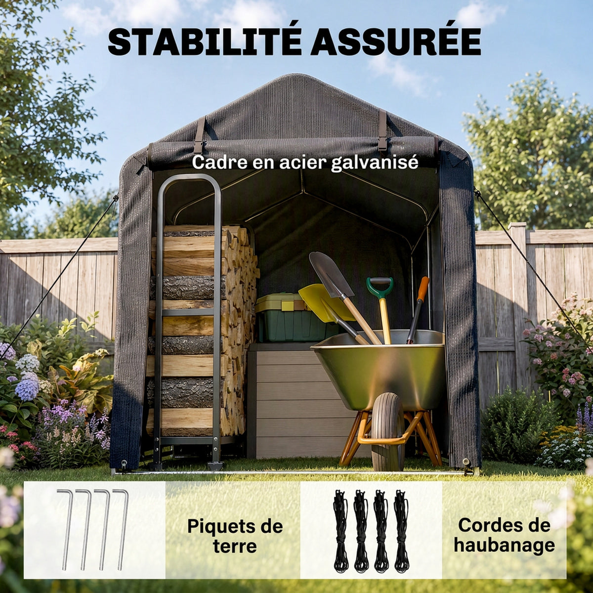 Abri de jardin 2 x 1,6 x 1,65 m abri vélo extérieur cadre en métal galvanisé, imperméable résistant aux UV, gris foncé-4