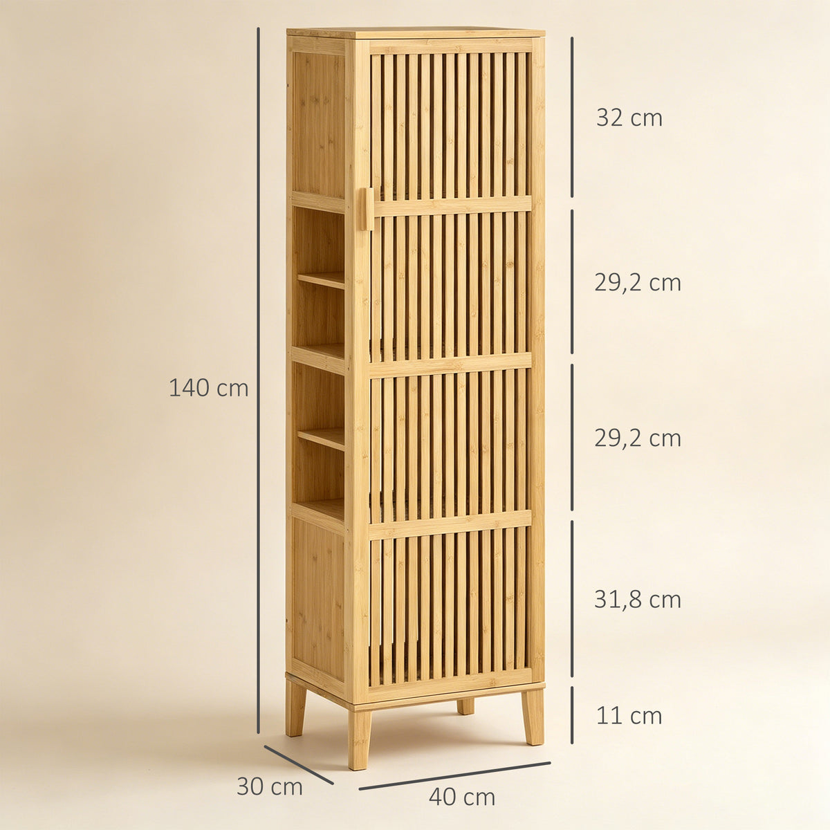 Meuble de rangement en bambou avec étagères et porte design à lamelles pour salle de bain chambre salon 40 x 30 x 140 cm-2