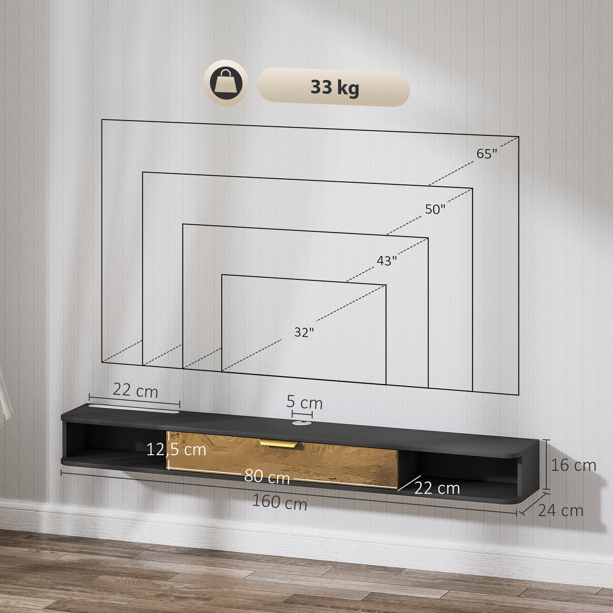 Meuble TV suspendu avec compartiments ouverts, porte rabattable et passe-câbles, 160 x 24 x 16 cm, gris-2