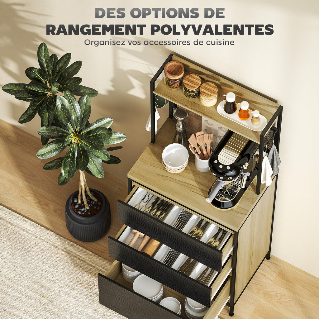 Armoire de cuisine style industriel avec 3 tiroirs, plan de travail, étagère et 4 crochets, 60x40x132cm-3