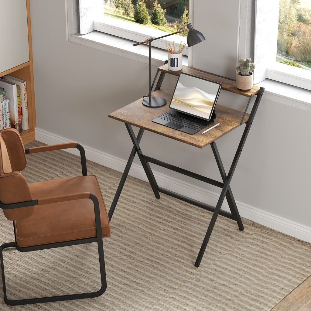 Bureau pliable 65,5 x 45 cm avec étagère de rangement pour chambre, petits espaces, brun rustique-6