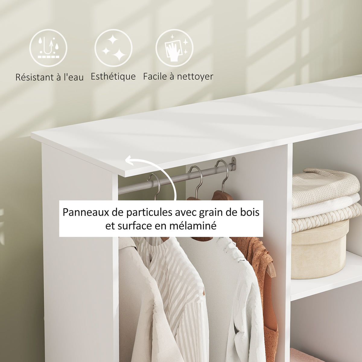 Armoire penderie meuble de rangement mobile 6 roulettes 120 x 40 x 128 cm en bois blanc-3