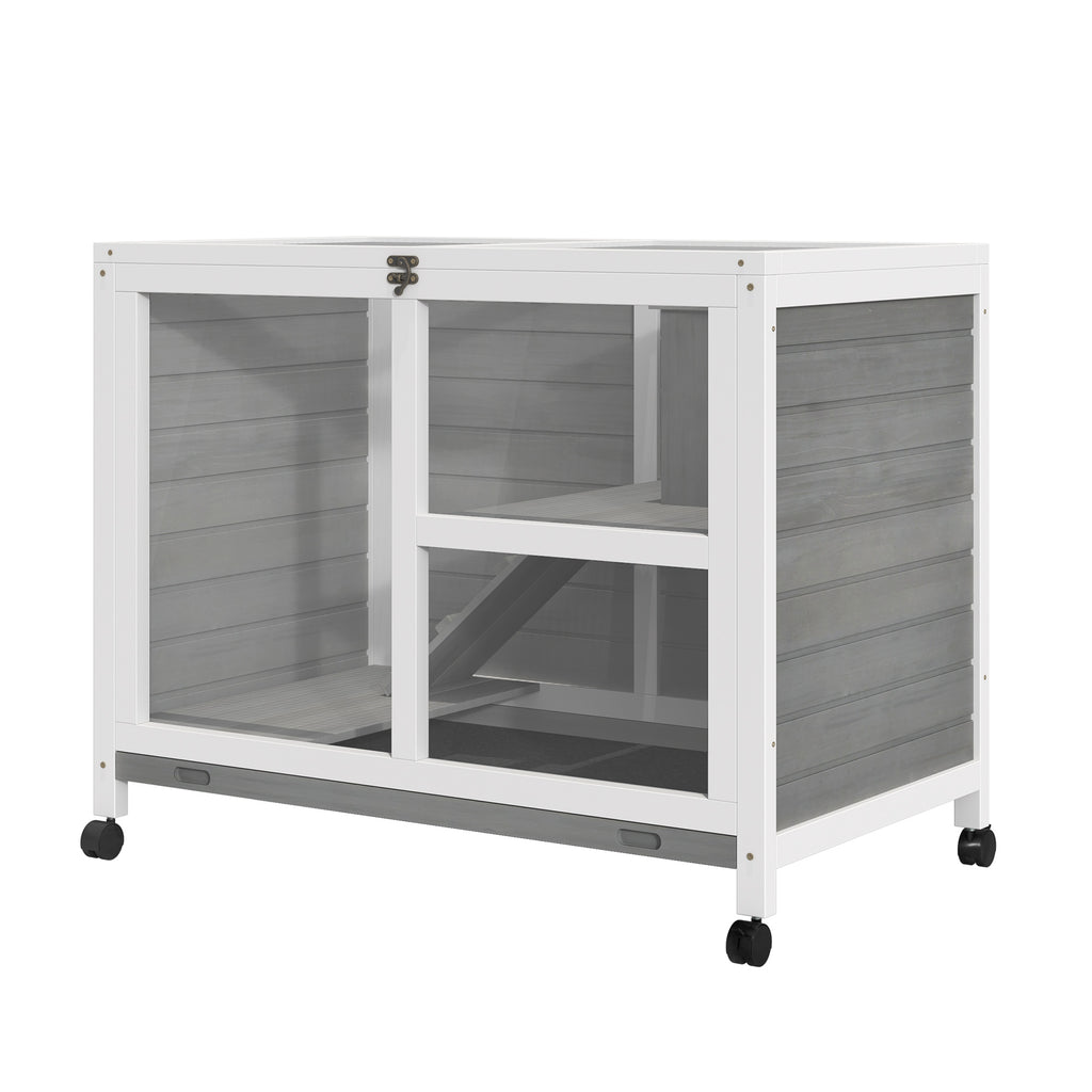 Cage à lapin clapier sur roulettes petit enclos animaux en bois massif 2 étages toit ouvrant plates-formes 91,5 x 53,3 x 73 cm gris-8
