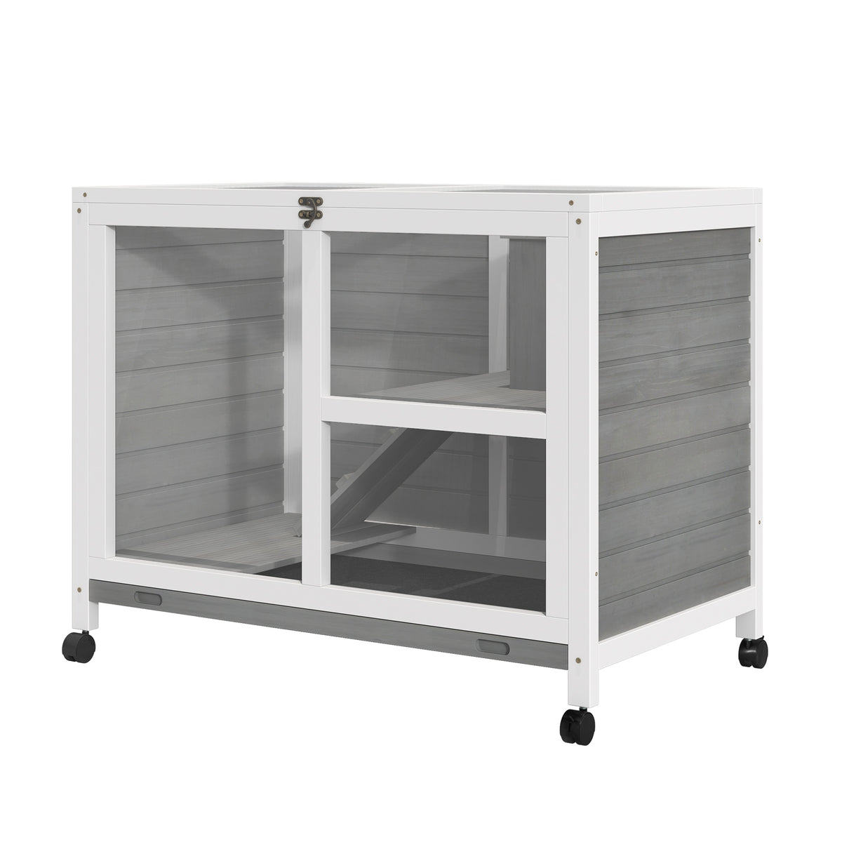 Cage à lapin clapier sur roulettes petit enclos animaux en bois massif 2 étages toit ouvrant plates-formes 91,5 x 53,3 x 73 cm gris-8