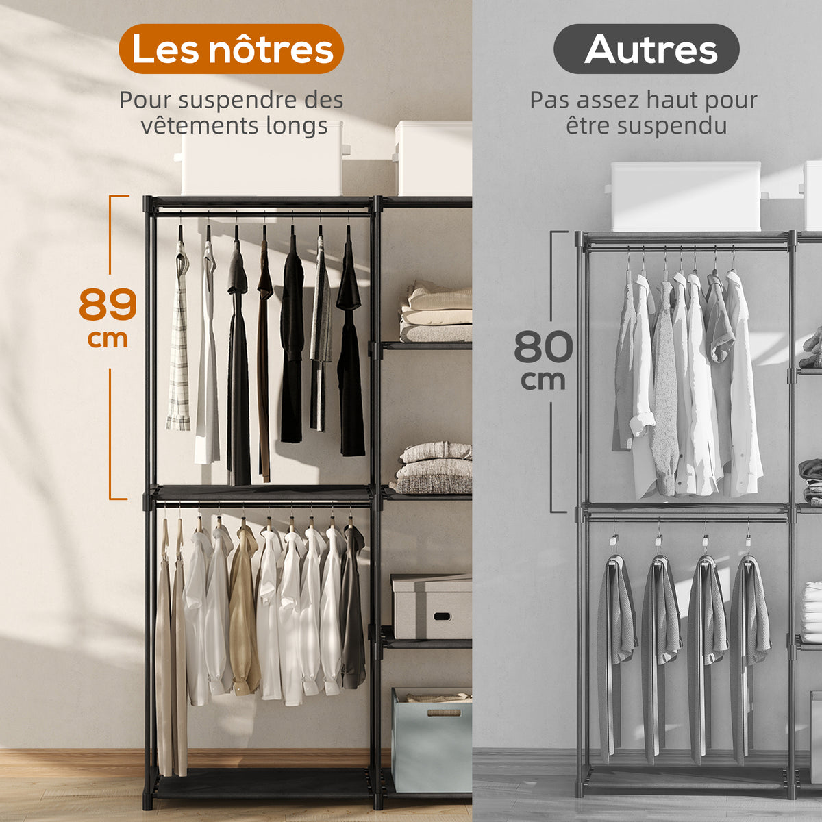Armoire de rangement, penderie portable avec 3 barres de suspension et 4 étagères, 142 x 43 x 185 cm, noir-3