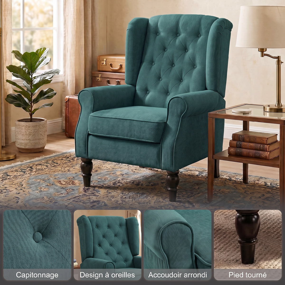 Fauteuil de salon capitonné avec assise large, pieds en bois, style classique, grand confort, 74 x 86 x 102 cm, vert-3
