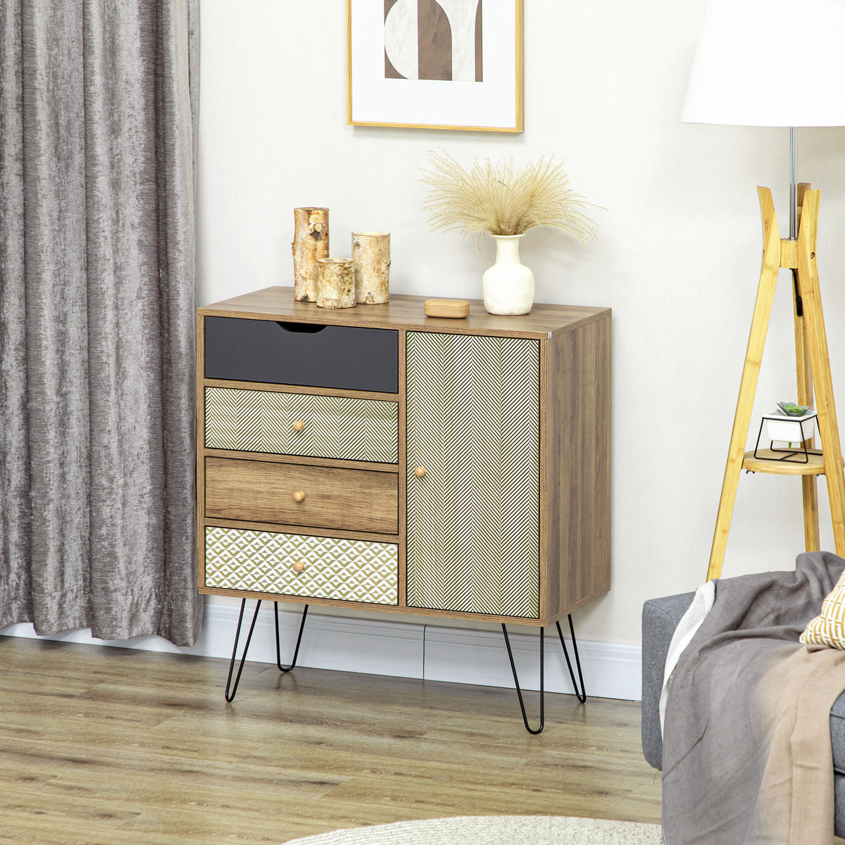 Meuble de rangement commode buffet 4 tiroirs 1 placard - pieds épingles à cheveux style bohème 79 x 39 x 86 cm marron-9