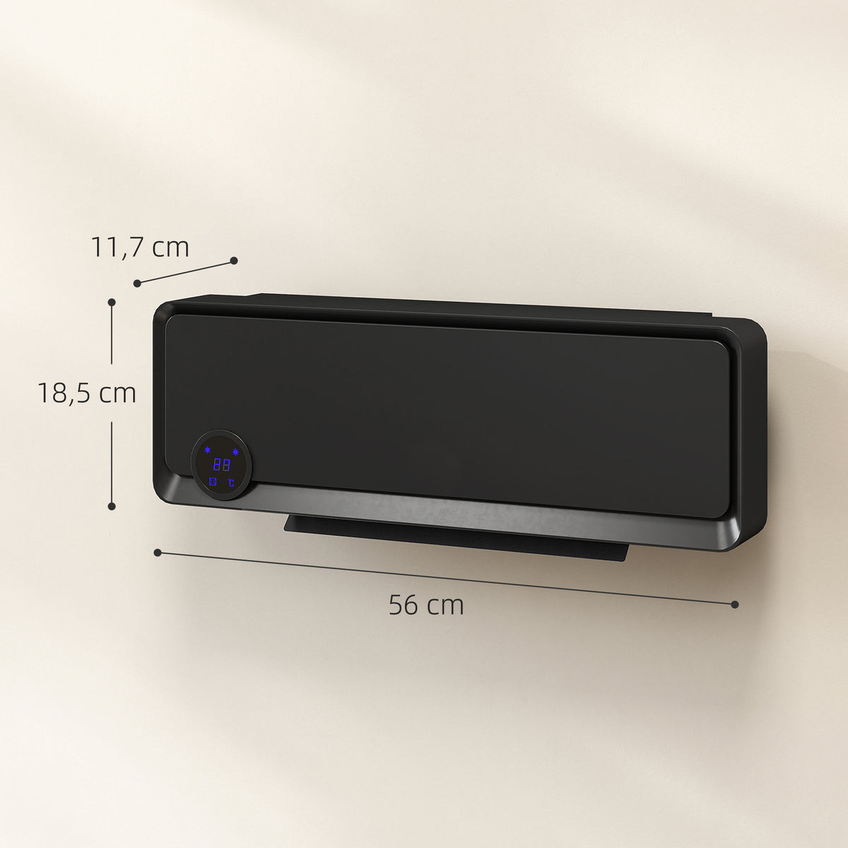 Radiateur Mural Soufflant Oscillant 2000 W, Chauffage Céramique PTC, 3 Niveaux de Puissance, 56x11,7x18,5cm, Noir-2