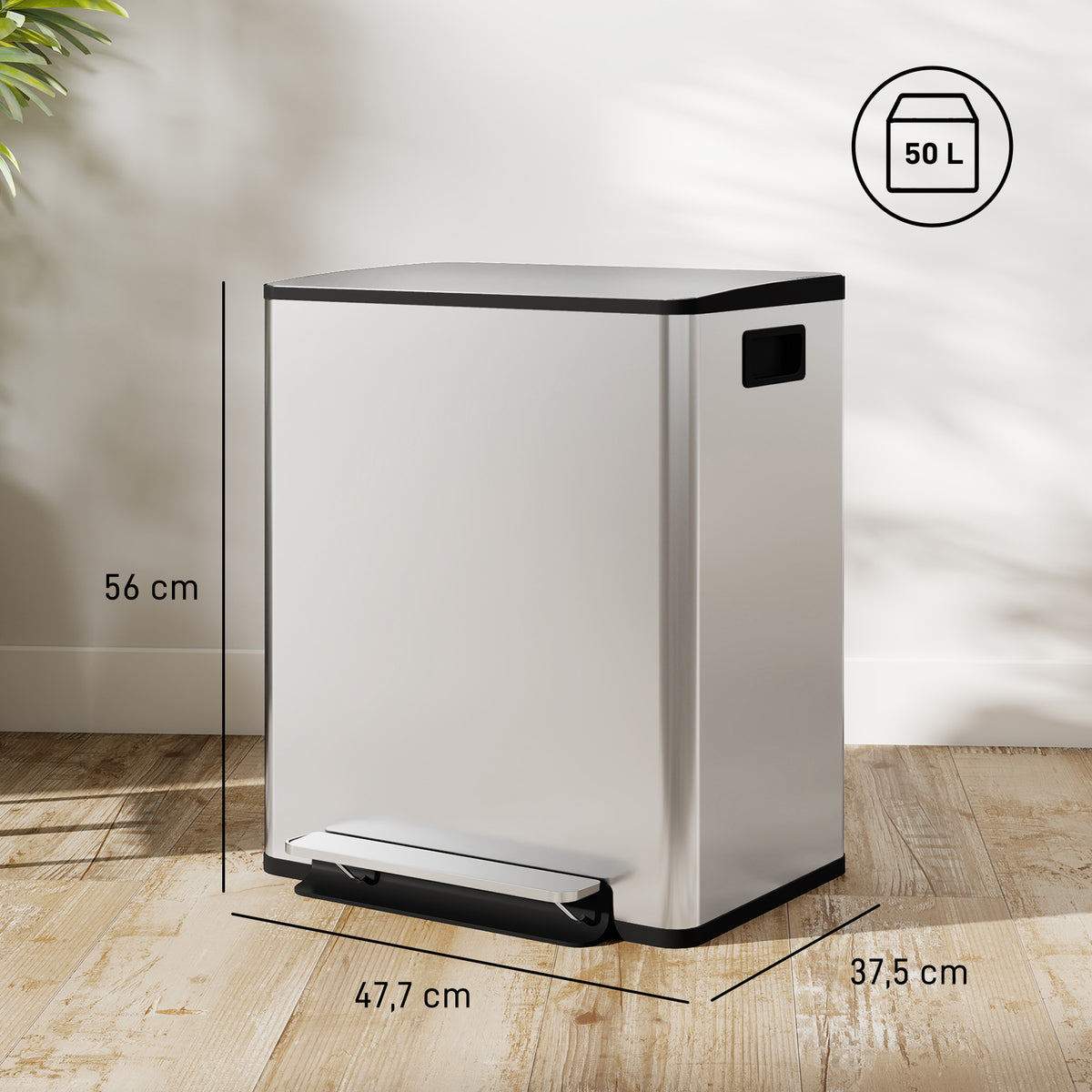 Poubelle de cuisine 2 compartiments de 2 x 25L, acier inoxydable, couvercle à fermeture douce, 47,7x37,5x56cm, argent-2