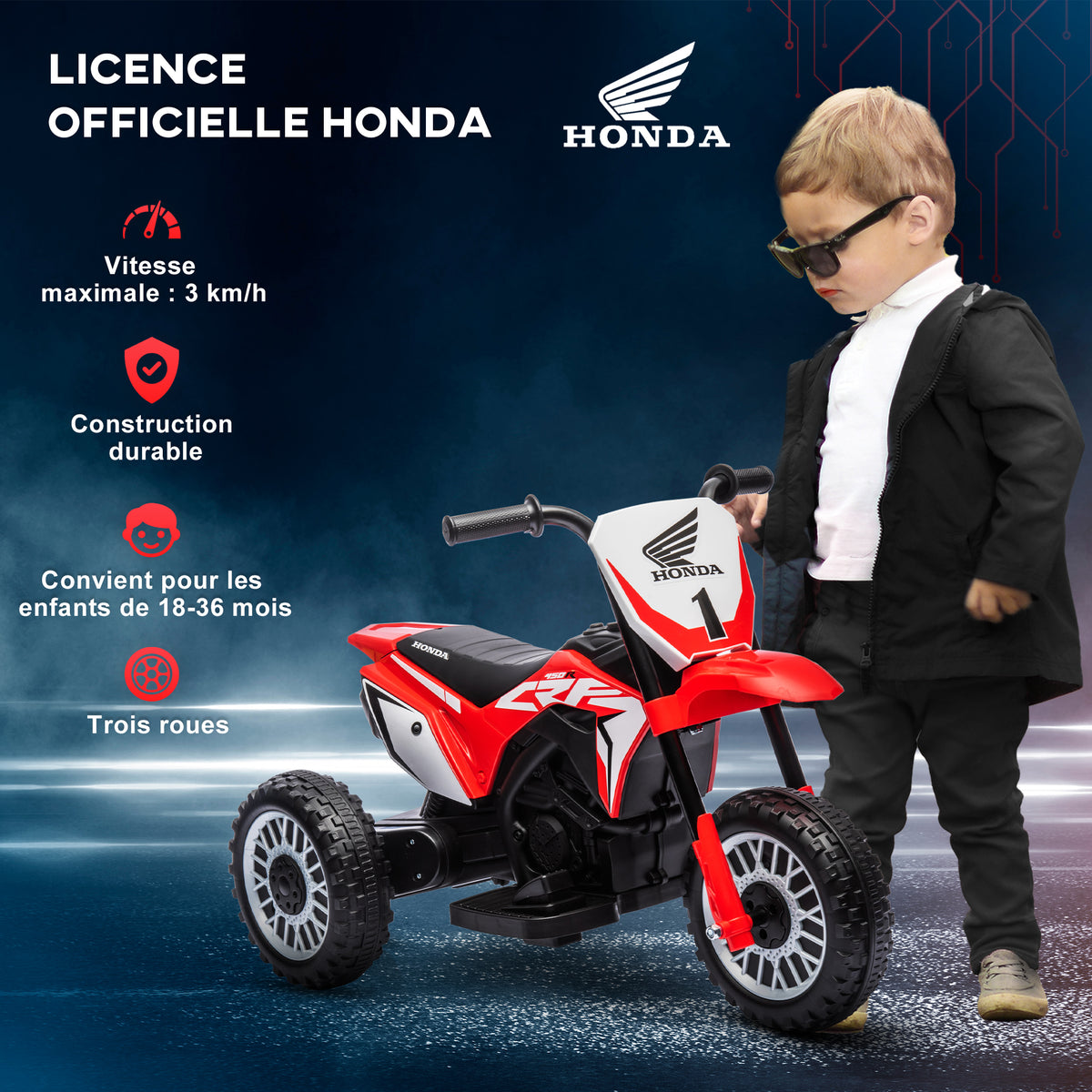 Moto cross éléctrique pour enfant licence Honda CRF450RL 3 roues batterie 6V enfants 18-36 mois rouge-3