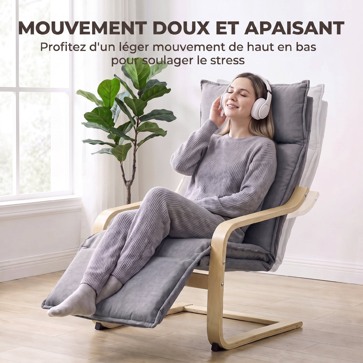 Fauteuil Salon, Fauteuil d'Appoint Rembourré en Lin avec Repose-Pieds, Assise Large, Bascule Douce, Dossier Haut, Gris-3